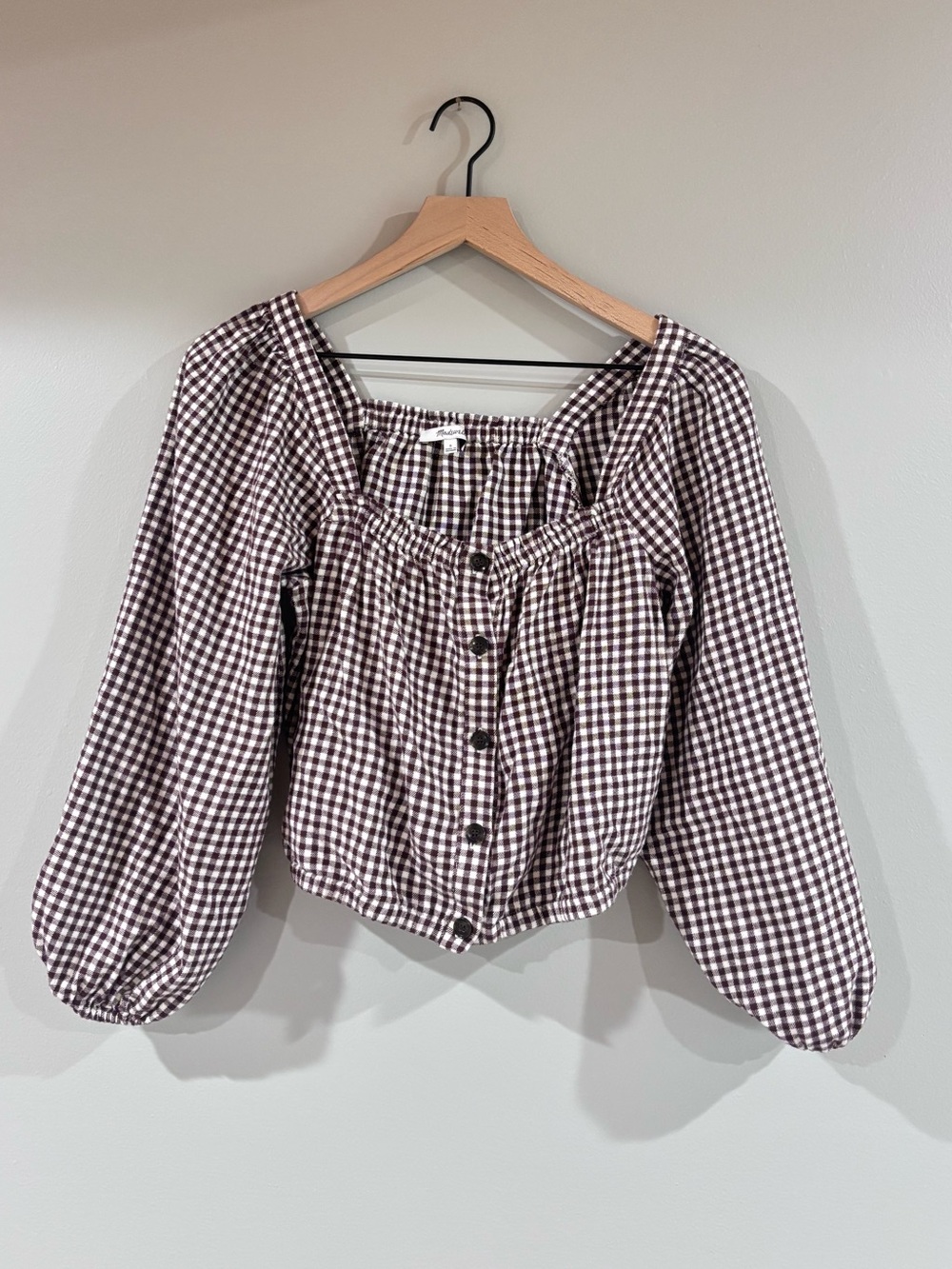 Madewell gingham brown and white puff sleeves size small